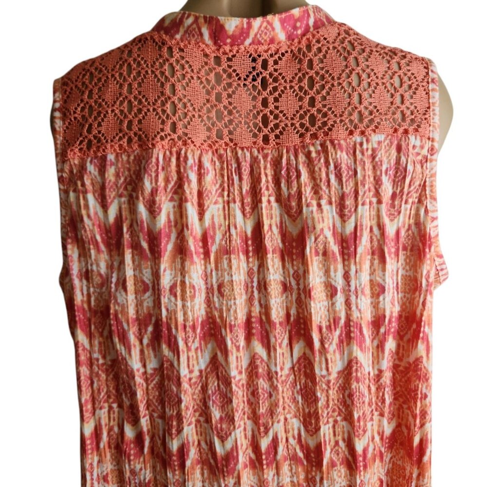 Summer Sleeveless Orange Geometric White Print Crochet Boho Hippie Top Size 1X - Picture 3 of 8